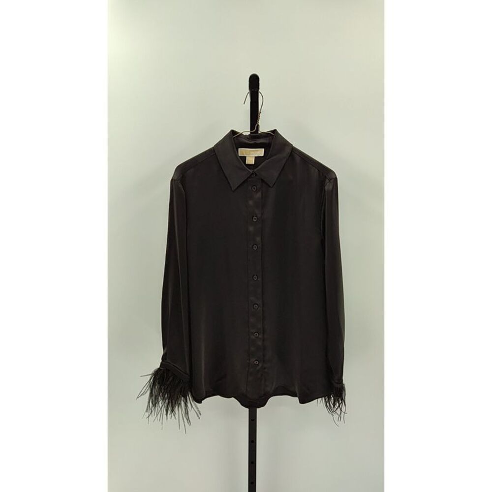 Michael Kors Black Button-Up Blouse with Feather Cuffs
